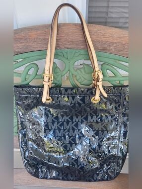 Michael Kors Black Patent MK Monogram Jet Set Tote with Beige Handles